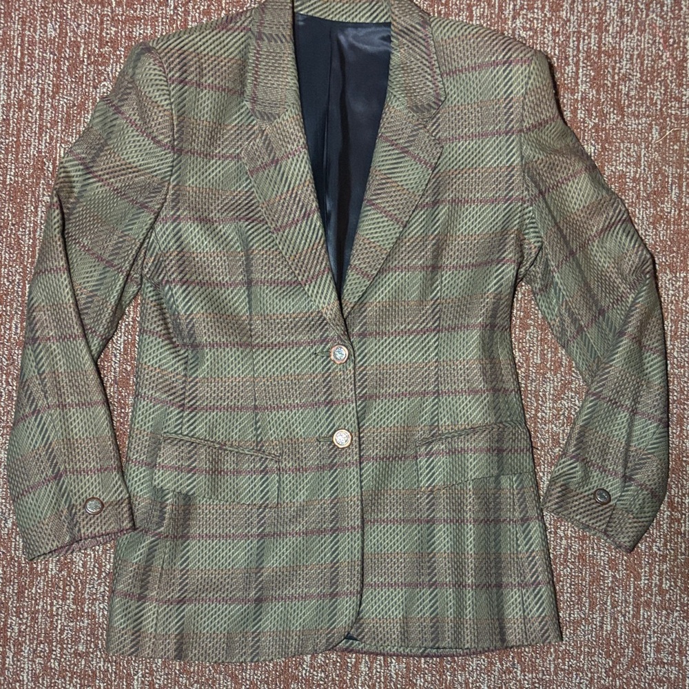 Forenza blazer olive/burgundy plaid tailored two button lightweight neutral 4